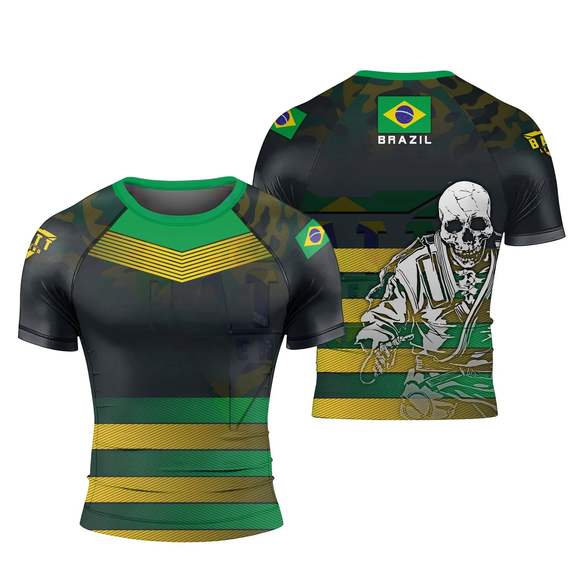 Brazil Jiu-Jitsu Rash Guard,Men Women Short Sleeve Compression Training Shirt with Brazil Flag Print Quick-Drying Sports T-shirt