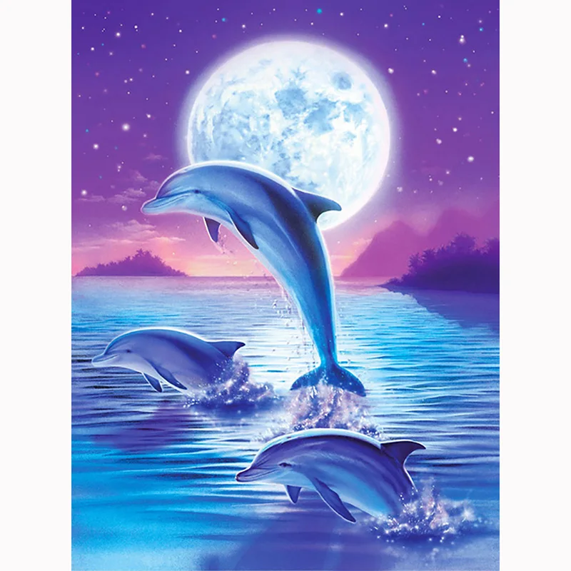 5d Diy Diamond Painting Dolphins Full Diamond Square Round Mosaic Animal Moon Embroidery Complete Kit Home Decoration