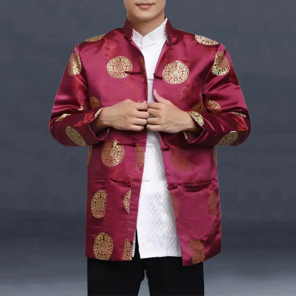 Men Tang Suit Top Chinese Style Stand Collar Shirt Red Single-breasted Printed Festive Long Sleeve Satin People New Year Top