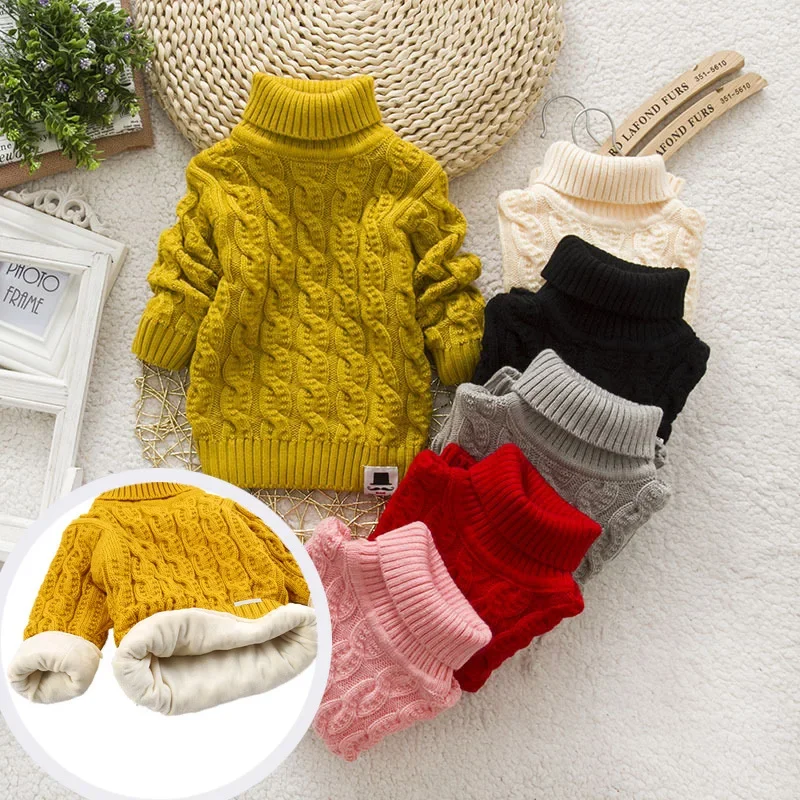 Winter Boy Girl Plush Inside Pure Color Sweater Kids Thick Knitted Turtleneck Shirts Solid High Collar Pullover Fluff Sweater