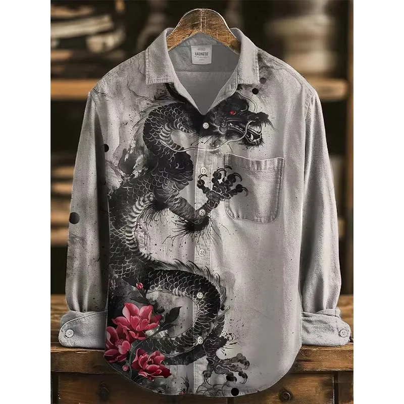 Men's long-sleeved collared top shirt in pink purple, with square splicing and watercolor daisy flower composite print