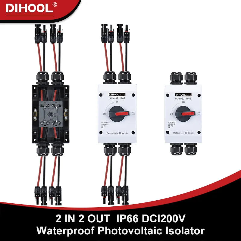 

Solar PV Photovoltaic DC Isolation Switch 1A-32A DC1000V 1200V 2 Strings 2 Out Waterproof Disconnect ON OFF Switch IP66