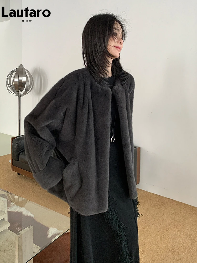 

Lautaro Autumn Winter Short Soft Thick Warm Brown Faux Mink Fur Coat Women Luxury High Quality Elegant Chic Fluffy Jacket