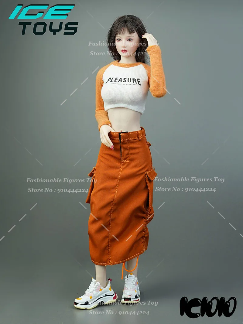 ICE TOYS 1/6 Women Soldier Print Crop Top Slim T shirt Streetwear High Waist Drawstring Cargo Skirt Fit 12