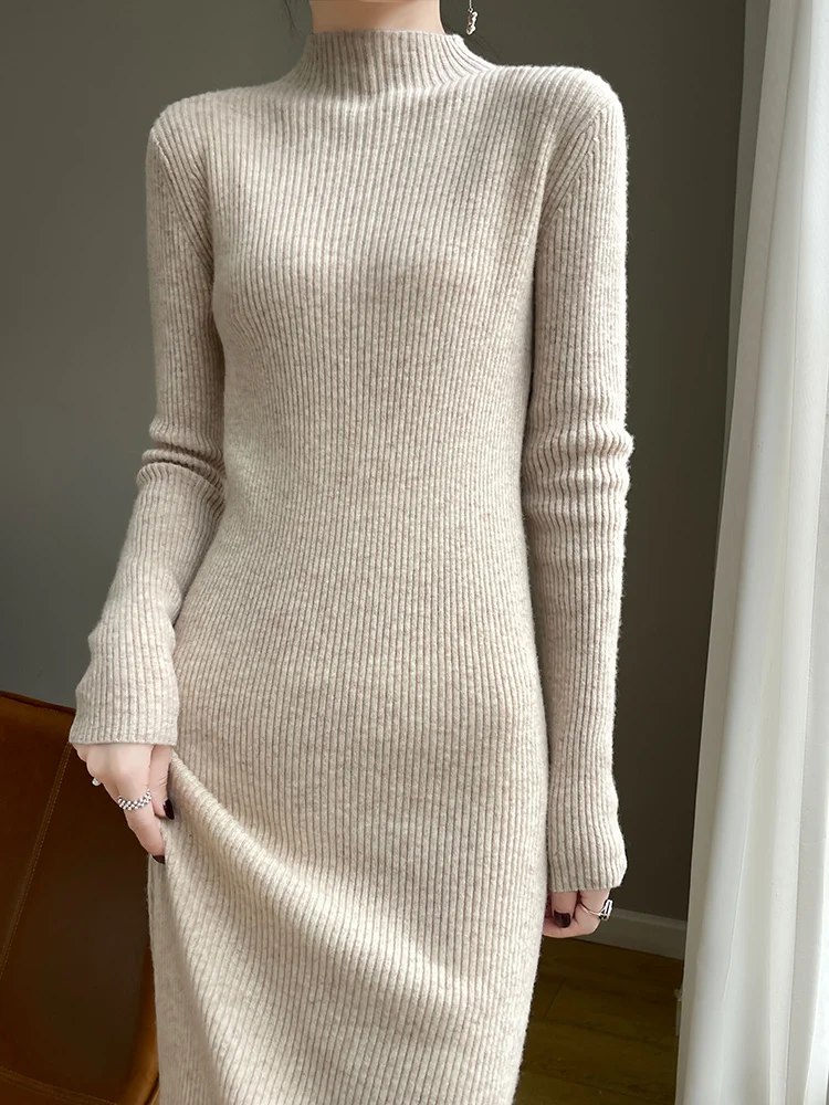 

Autumn Winter Long Sleeve Dress For Women 100% Merino Wool Soft Casual Mock Neck Cashmere Knitted Sweater Dresses Ladies Tops