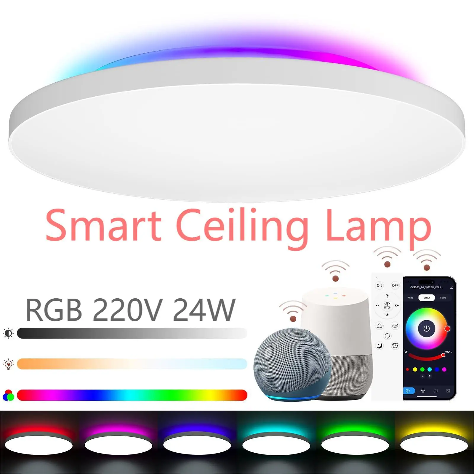 Smart LED Ceiling Light with RGB Backlight 220V 24W Dimmable 2700K-6500K Remote Control Waterproof Work with Alexa Google Home