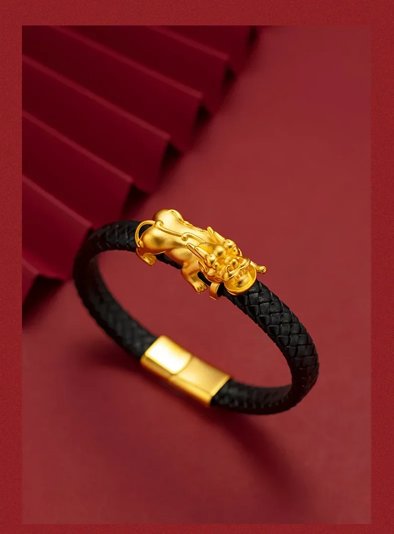 Mylux Jewelry Luxury Men's 9999 24K Real Gold Bracelets Gold Swallowing Leather Rope Bracelet Simple and Fashionable Jewelry for