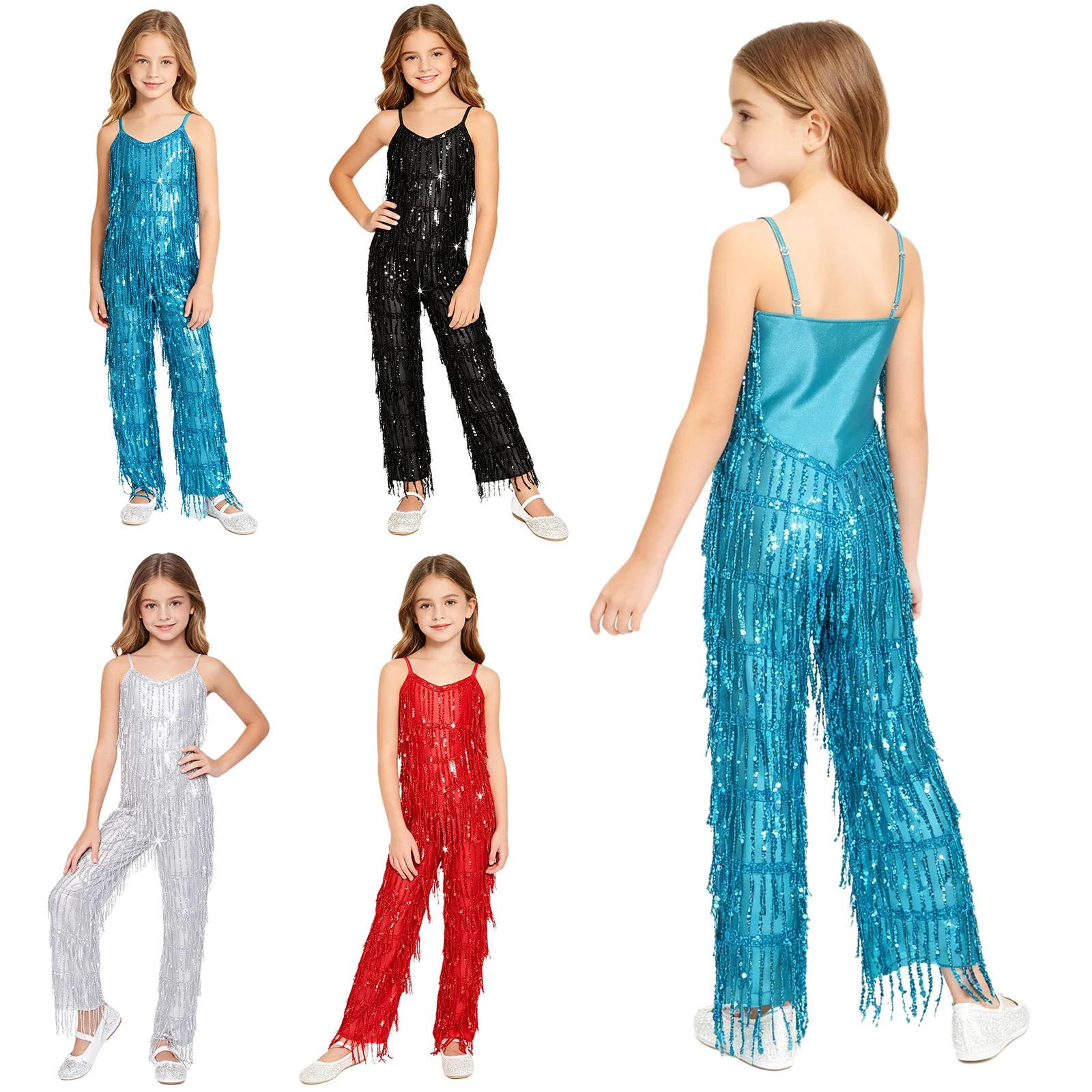 Girls Multi-layer Sequin Tassels Sleeveless Long Pants Jumpsuit Disco Latin Jazz Dance One Piece Unitards Performance Costume