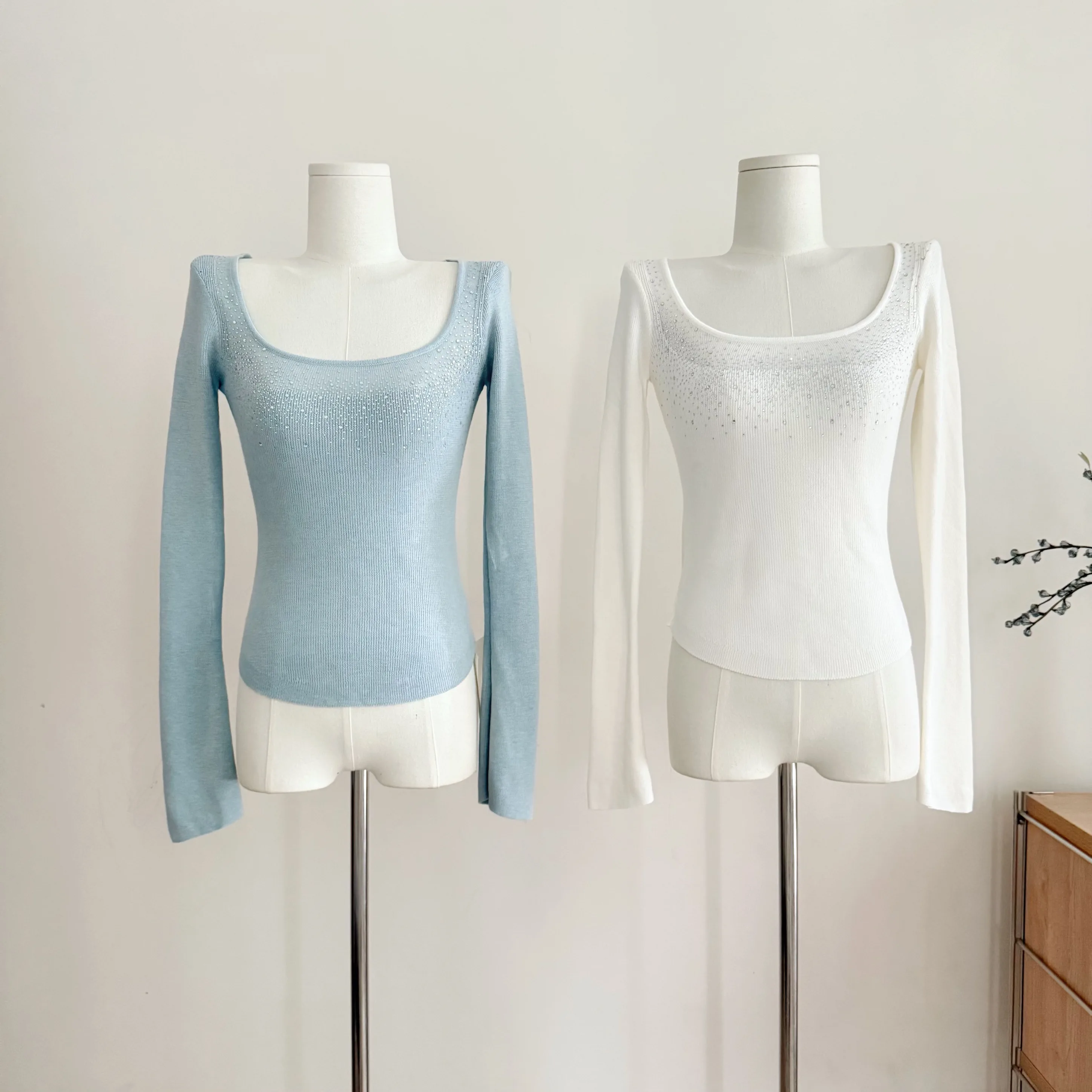 

Women's Elegant Diamonds O Neck Long Sleeve Slim Sweater Lady Solid Color Pullover Stretchable Basic Jumper Top