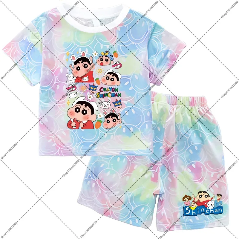2PCS Crayon Shin-chan Smiley Face Pattern T-shirts and Shorts Set Cartoon Anime Printed Short Sleeve Unisex Summer Clothes Gifts