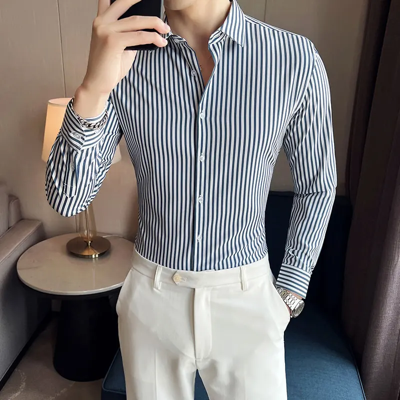 Men Dress Shirt Formal Classic Striped Long Sleeve Shirt Men's Slim Fit Business Non Iron Shirts  Korean Style Casual Blouse 4XL