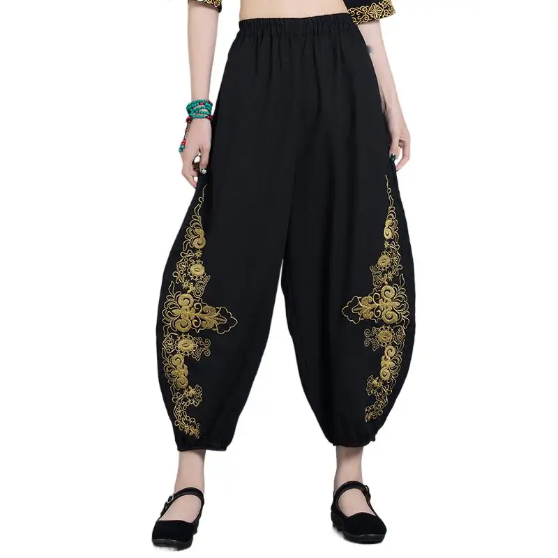 

Women Vintage Embroidery elastic Waist Black Wide Leg Pants,high street fashion harem pants, Spring cotton linen Trousers