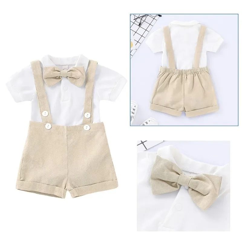 0-2 Years Baby Boy Mini Gentlemen Outfits Wedding Party Set Peter Pan Collar Cotton Romper+Suspender Shorts Summer 2PCS Suit