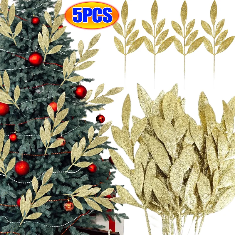 5/1PCS Artificial Olive Leaf Glitter Fake Plant Leaf Indoor Flowers Arrangement Props Wedding Xmas Party DIY Decor Suppllies