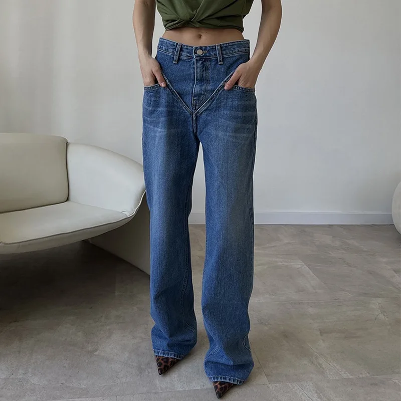 Elegant Pants Blue Jeans for Women Long Straight Pants Denim Trousers High Waist Y2k Loose Casual Trouser Autumn Spring 2024