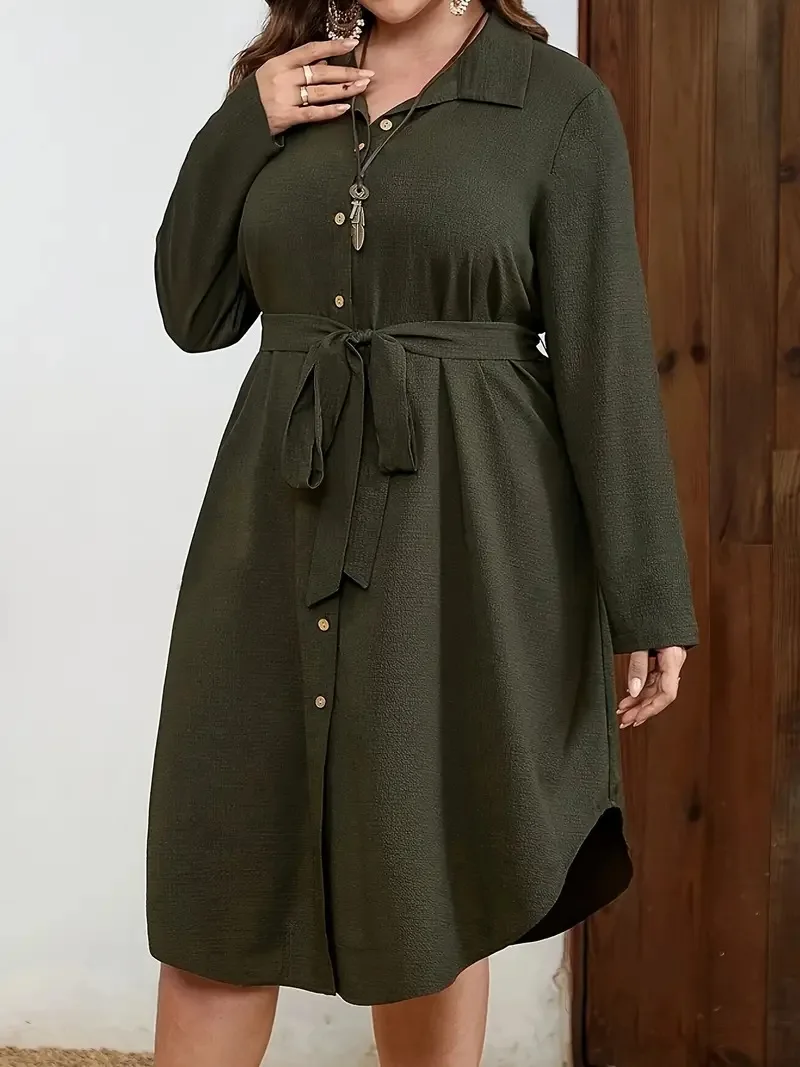 GIBSIE Plus Größe 2024 Herbst Neue Lose Gürtel Hemd Kleid Frauen Casual Lange ärmeln Revers Taste Unten Damen Solide midi Kleider