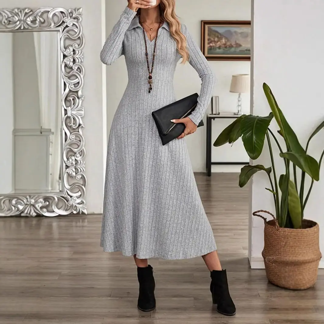 Moda de inverno vestido estético feminino com decote em v silm fit vestidos de manga comprida vestido longo cinza sólido camisa de festa elegante roupas y2k