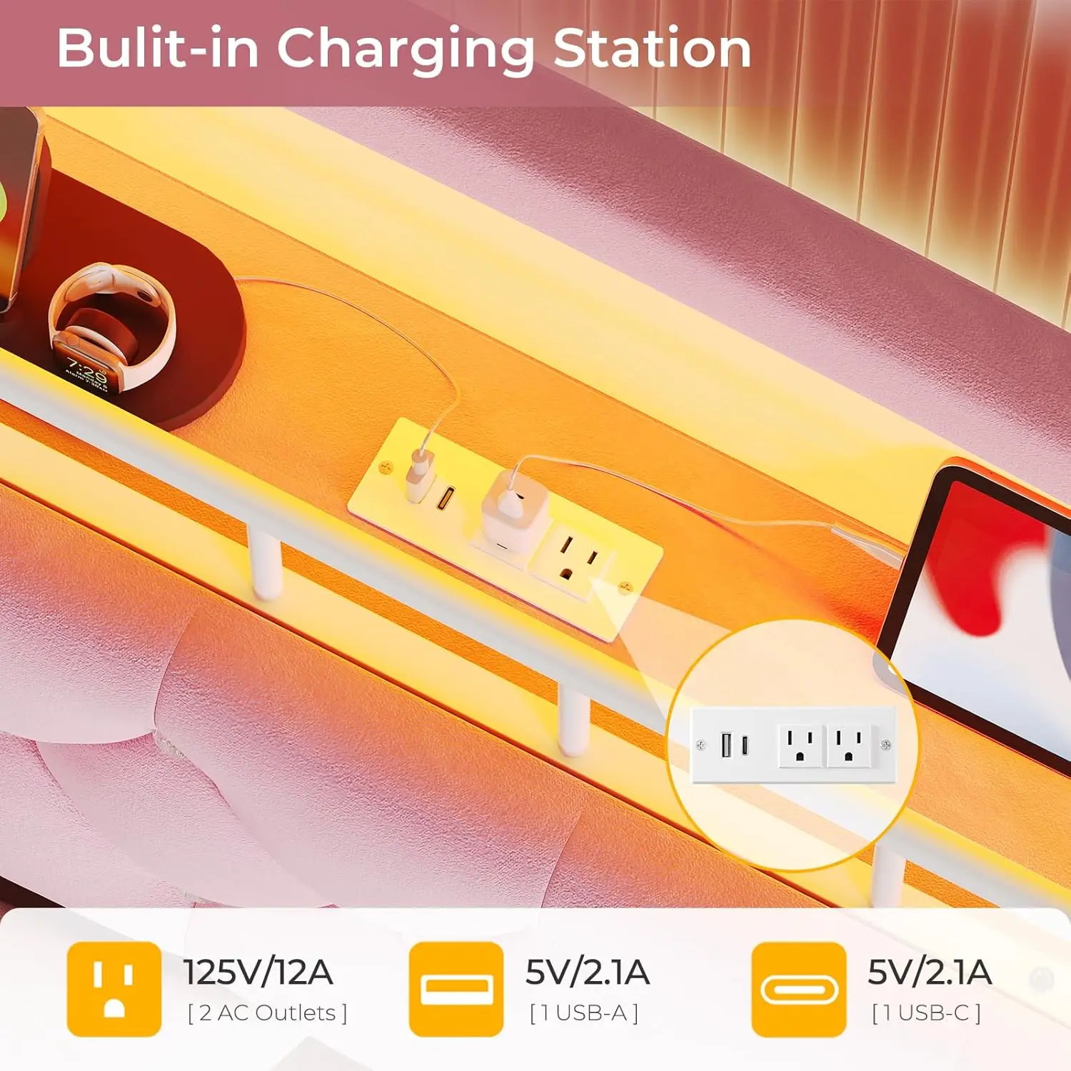 سرير كوين سزي للفتيات مع مصابيح LED ومحطة شحن، وإطار سرير الأميرة بحجم كوين مع لوح رأسي للتخزين المخفي