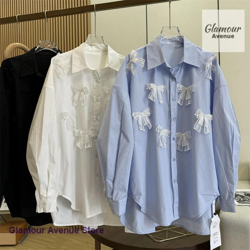 

French style solid color solid lace bow silhouette lapel shirt women's spring and summer new loose fashion casual Joker shirt