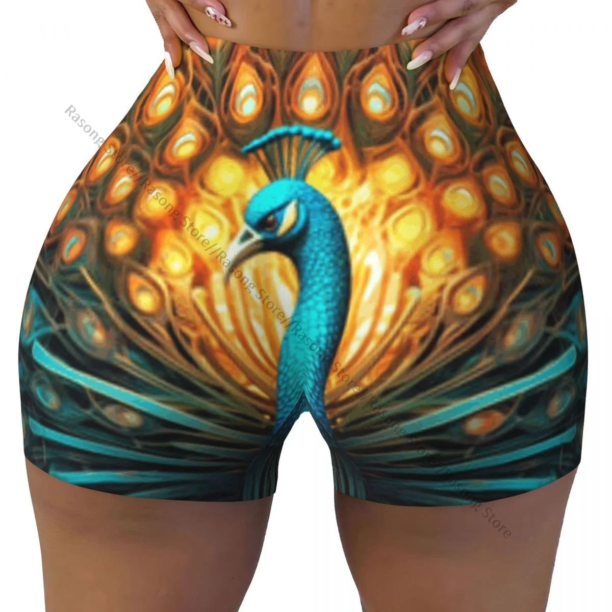 女性用スパンデックスヨガショーツカラフルなピーコックファンタジーフラクタルデザインワークアウト戦利品ショーツ