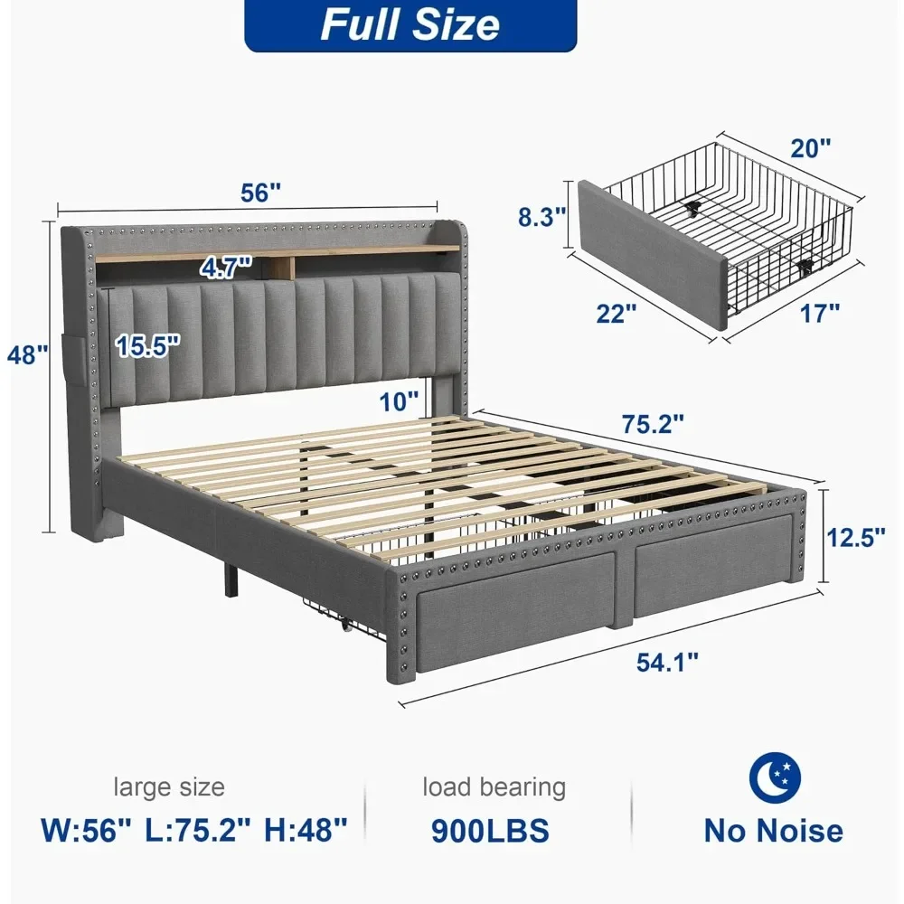 Full Size Bed Frame with Headboard, Upholstered Full Bed Frame with Storage & 2 Drawers, NO Noise, No Box Spring Needed