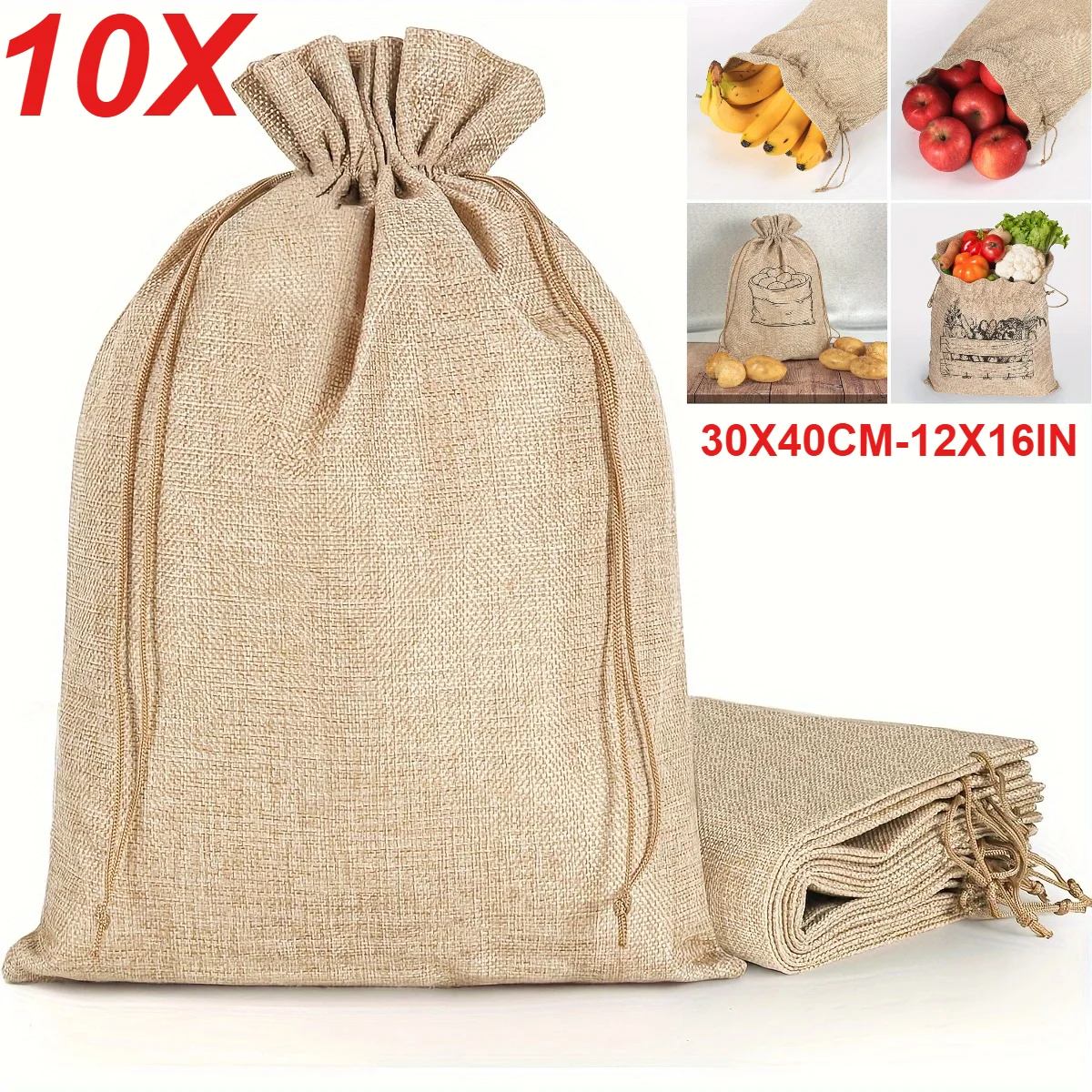 10 unidades de bolsas de lino color beige de 30 x 40 cm (12 x 16 pulgadas) con cordón, ideales para envolver regalos en Navidad, cumpleaños, bodas y fiestas.