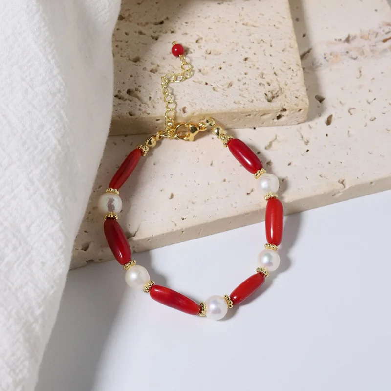 Natural Freshwater Pearl Red Coral Bracelet Layered Jewelry