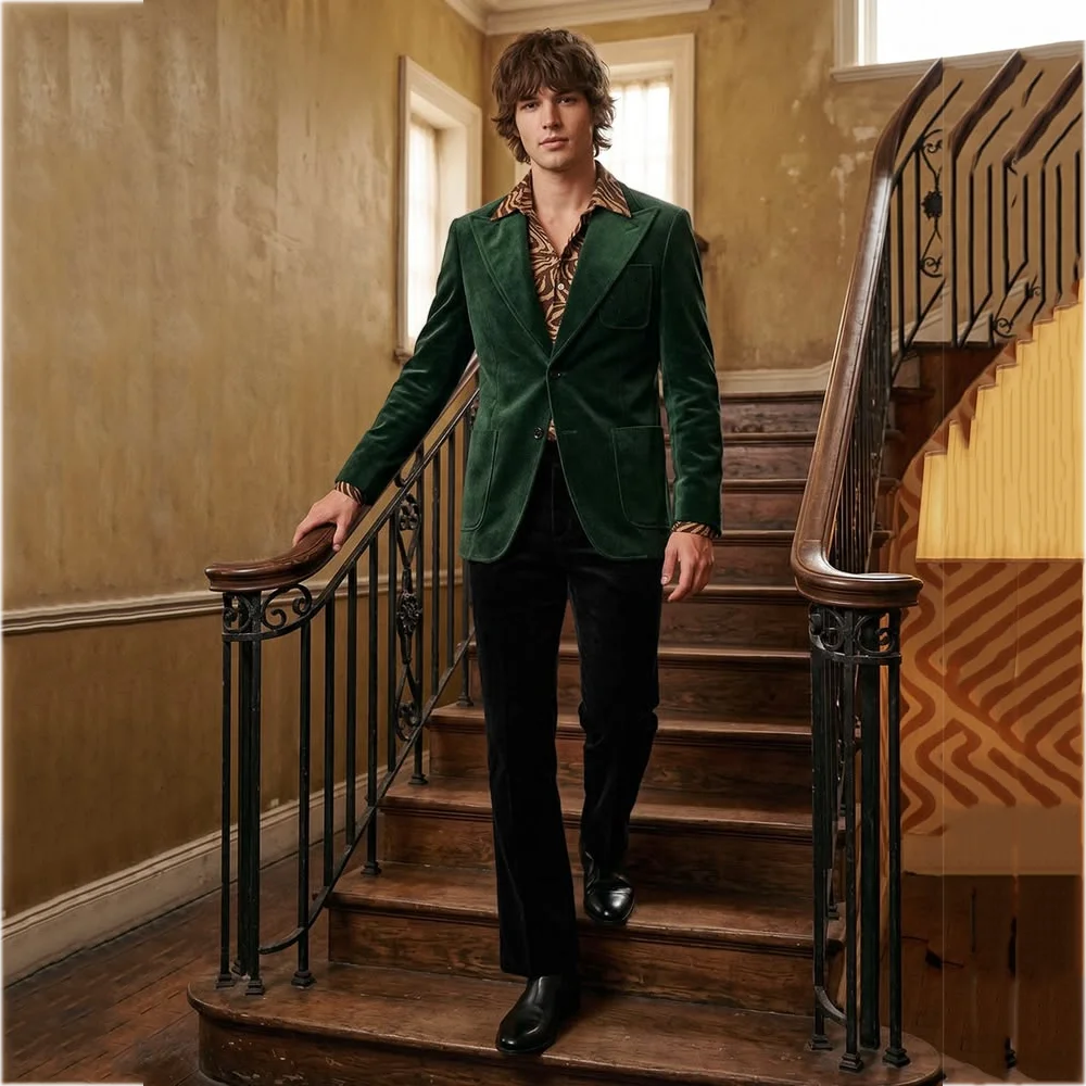 Elegant Velvet Men's Suit Regular Length Slim Fit Single Breasted Peak Lapel Blazer Pants Casual Party Prom Male Fashion Set