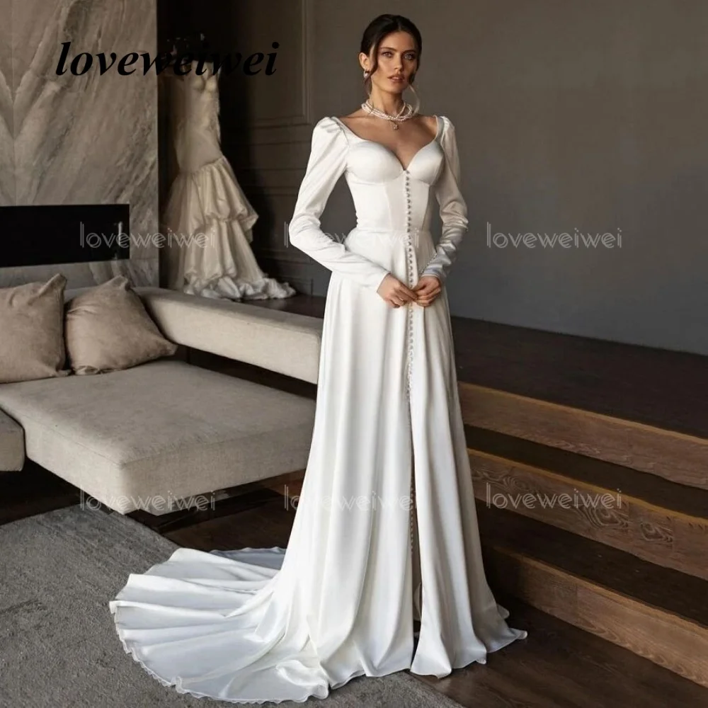 Personalizado simples vestidos de casamento feminino manga longa vestidos de noiva botão elegante uma linha dividir vestido de noiva novia