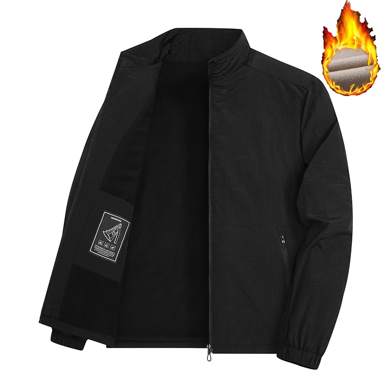 Herren Winterjacke mit Fleece-Futter, dicker Stoff, Stehkragen, einfarbig, für Business und Freizeit, winddicht, mit Reißverschluss, warme Herrenoberbekleidung. – Detail 2