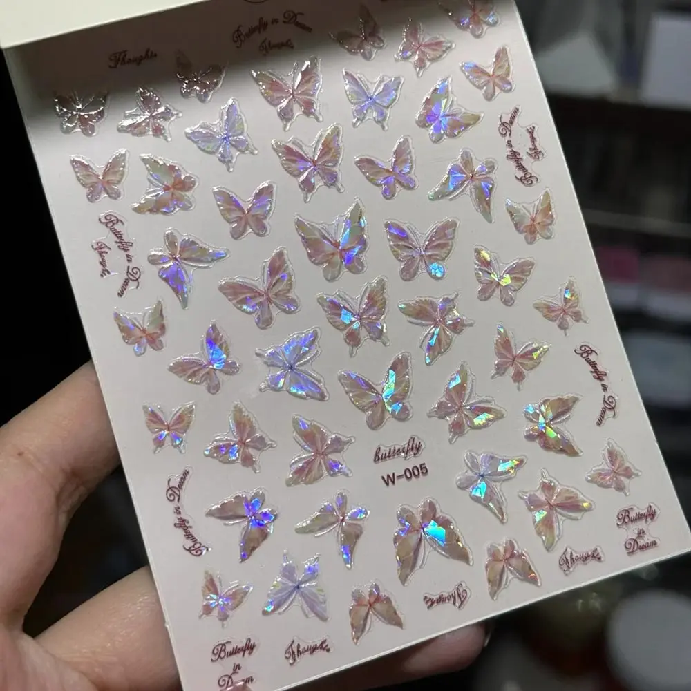 Pink Purple Aurora Shell Butterfly Nail Stickers Shiny Laser 3D Butterflies Nail Decals 8*10cm Adhesive Aurora Shell Butterfly N