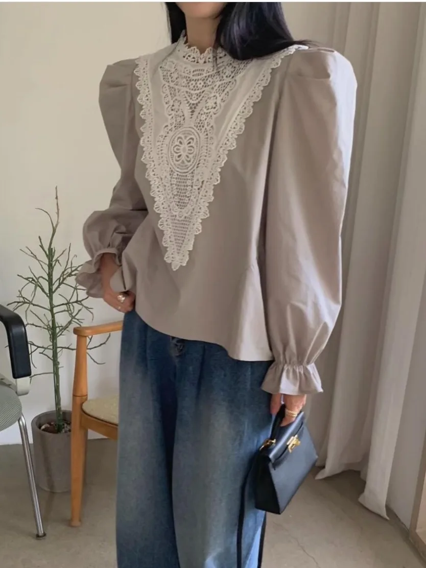 Coreano Sle Dolce Patchwork con volant Camicetta versatile Faion da donna Primavera Autunno Inverno Abbigliamento interno casual Vestibilità regolare