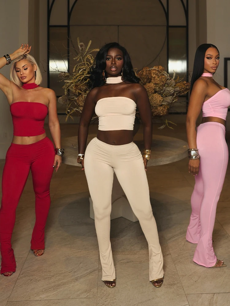 Raar Puss Mode 2-delige set Dames Halter Borst Gewikkeld Backless Tank Top + Flare Broek Hottie Sportieve Stretch Skinny Outfits