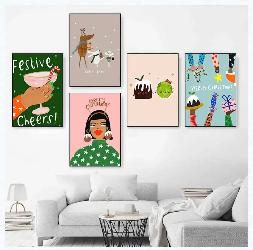 1PC frameless decorative art print,Wall Art Canvas Painting Merry Christmas Tree Gifts Santa Cat Nordic Posters And Prints Pictu