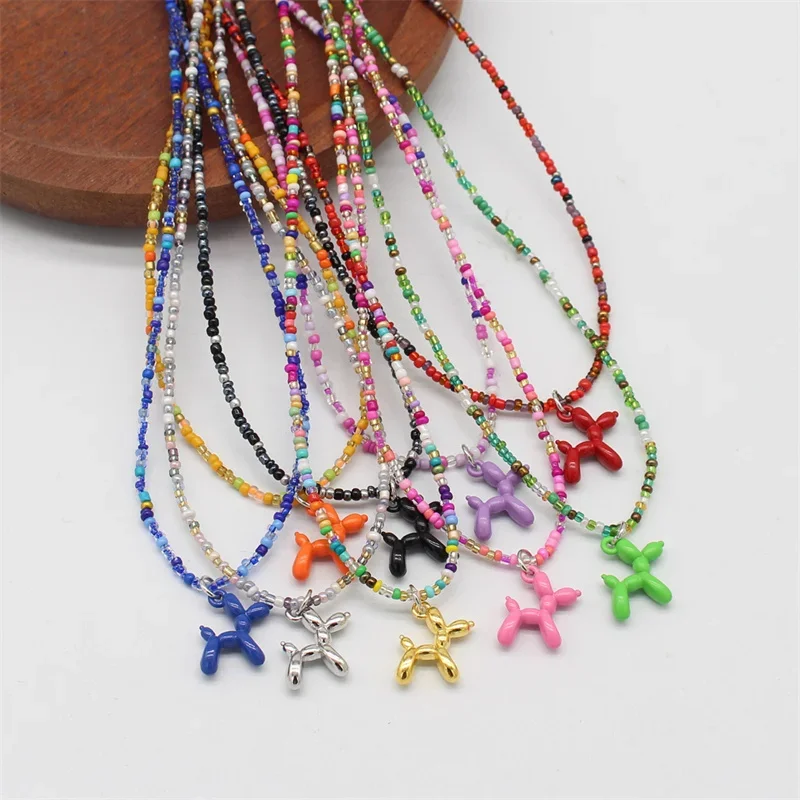 New Candy Color Cartoon Balloon Dog Pendant Women Beads Short Chain Choker Necklaces Collar Trendy Cute Puppy Jewelry Gift Urn