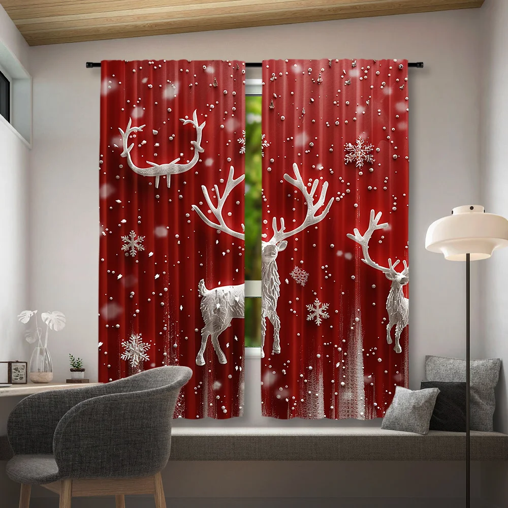 Xmas Red Elk Snowflake Curtain 2 Panels 3D Stereo White Deer Snow Print Master Bedroom Curtain Winter Festival Home Decor