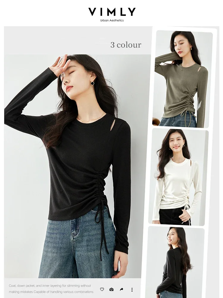 

Vimly Cut Out Shirring T Shirt for Women 2023 Autumn Fashion Thermal Underwear Long Sleeve Bodycon Tops Women's Clothing M2906