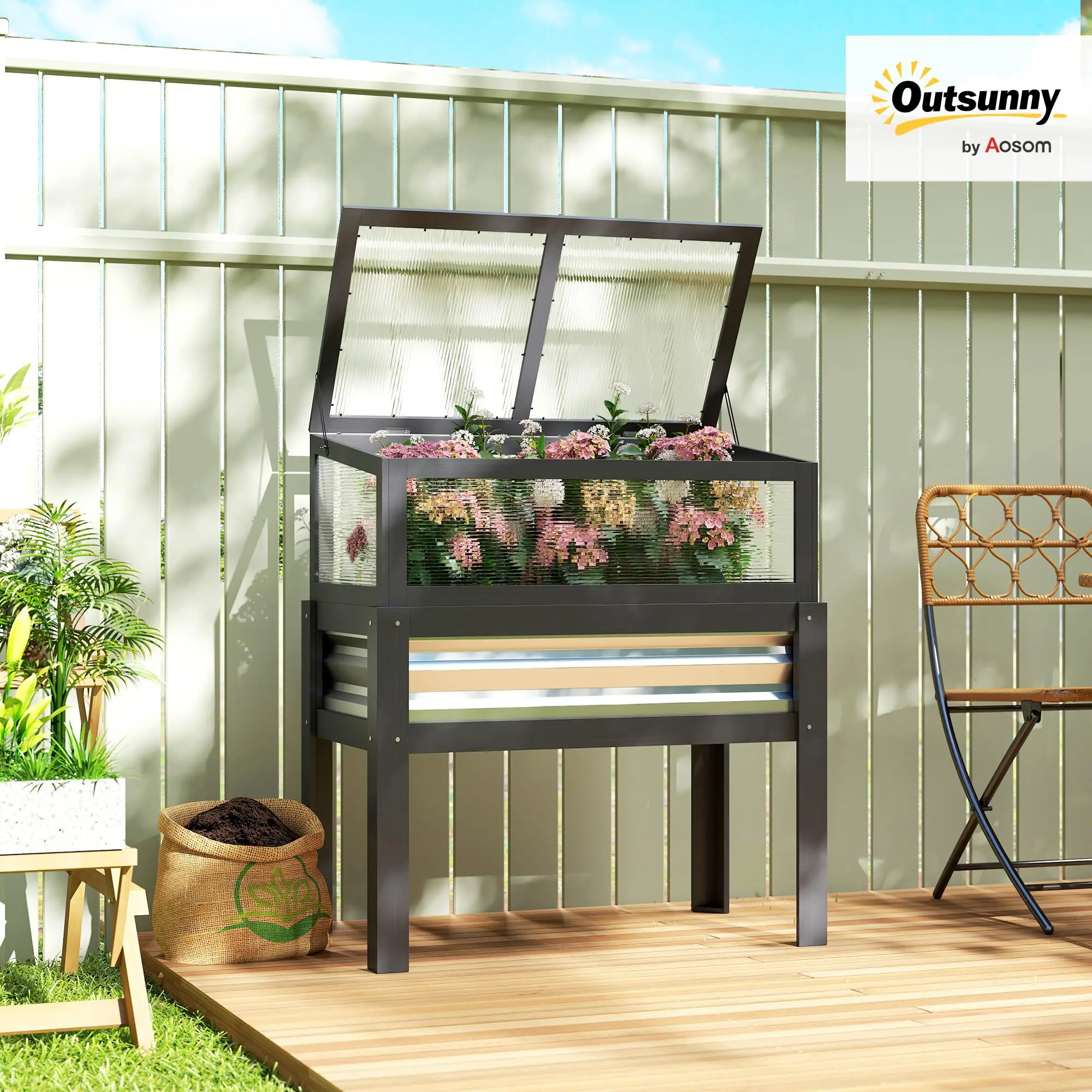 Wooden Raised Garden Bed with Flip-Up Greenhouse Top, Gray