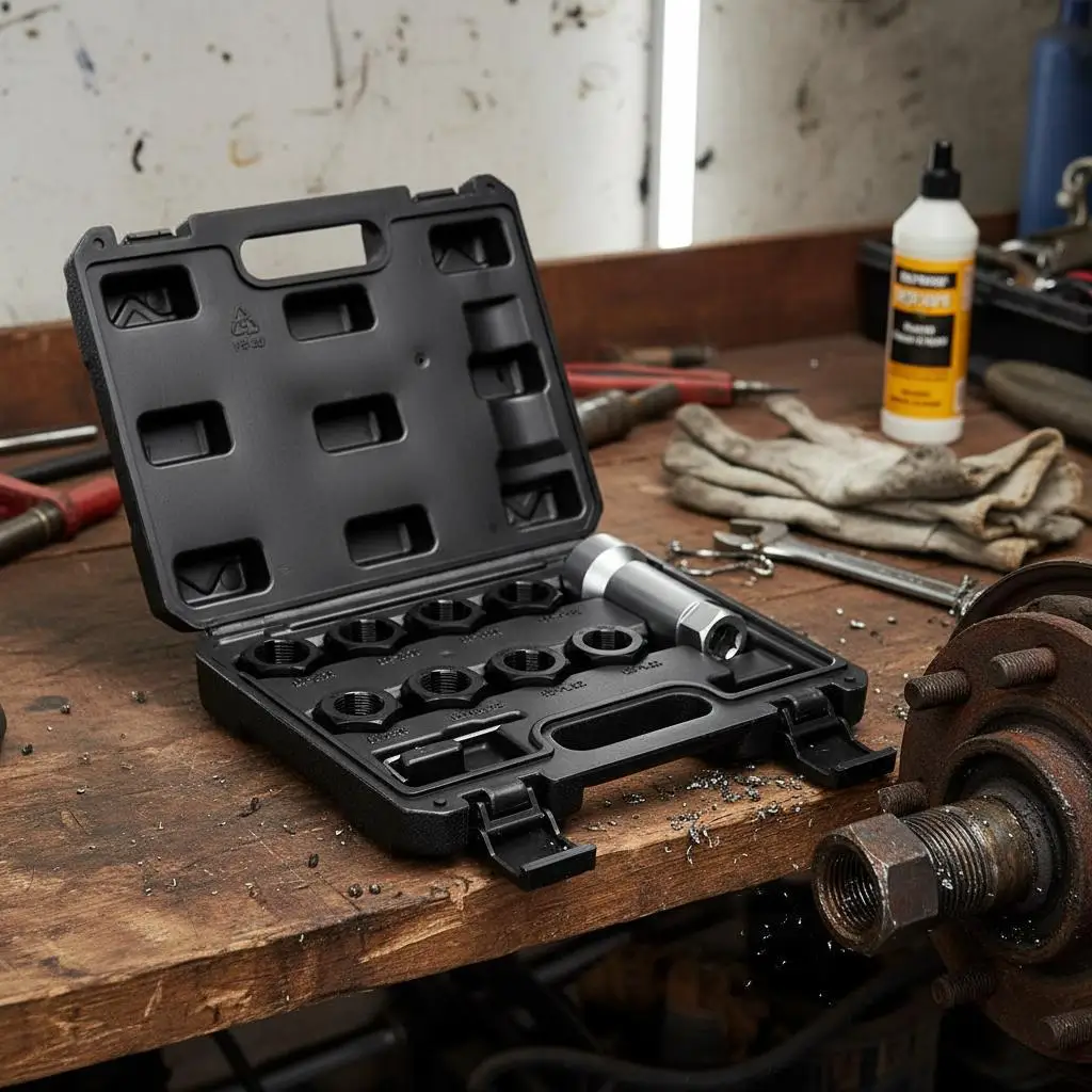 

Набор для восстановления резьбы на осевых шпинделях, 10 предметов, метрические размеры M20, M22, M24 и UNF 13/16", 3/4", инструмент для восстановления резьбы, набор для нарезания резьбы.