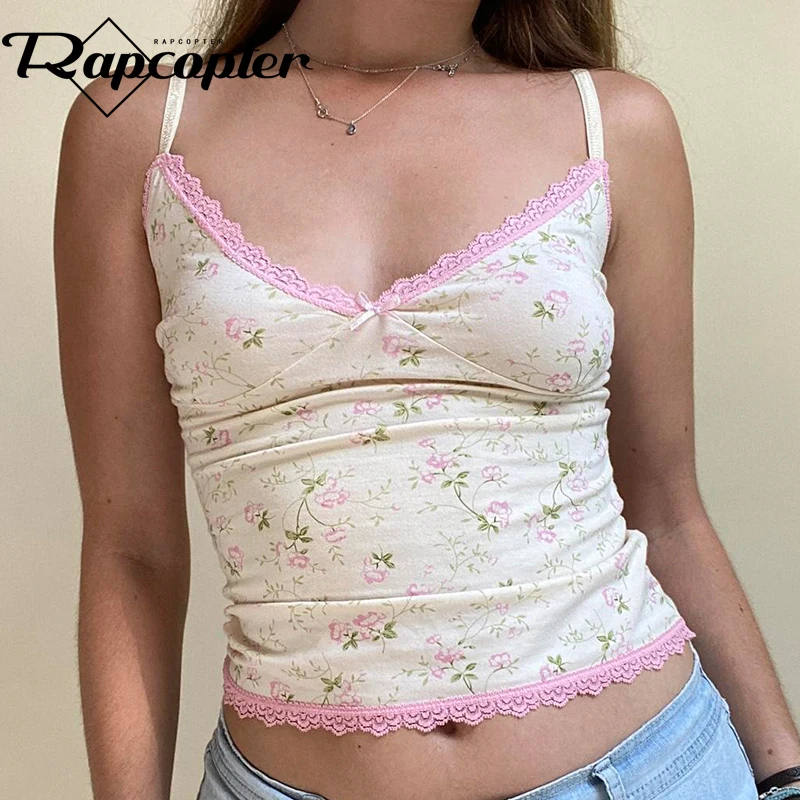 Rapcopter y2k Small Floral Mini Vest Women Lace Trim V Neck Crop Top Women Sumemr Chhi Boho Cute Sweats Vintage Patched Tee New