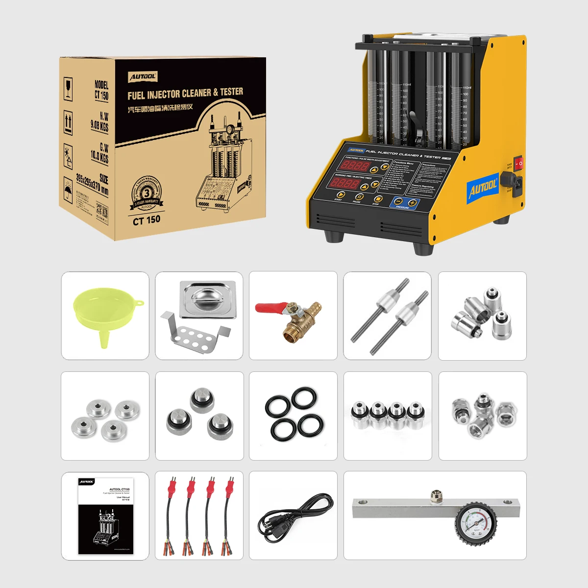 AUTOOL New CT150 110V 220V Car Fuel Injector Ultrasonic cleaning machine Tester Motorcycle Oil Nozzle Cleaning Tool 4 Cylinder