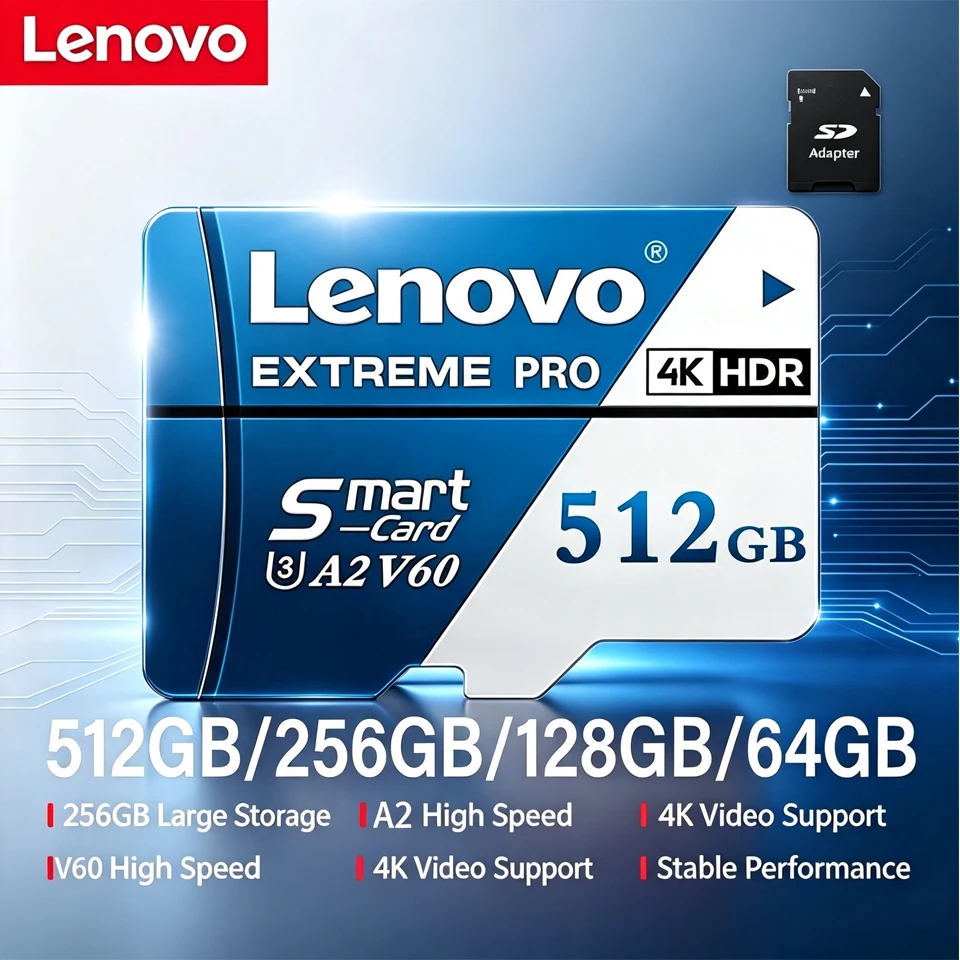 بطاقة ذاكرة لينوفو 512 جيجابايت 256 جيجابايت 128 جيجابايت 64 جيجابايت A2 U3 V60 بطاقة فلاش 4K فول إتش دي للطائرات بدون طيار وكاميرات المراقبة وكاميرات الأمان بطاقة مايكرو إس دي