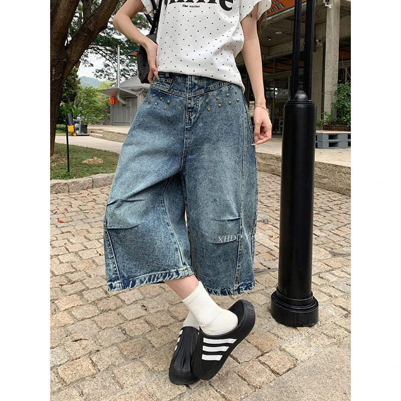 ZHIZOU American Vintage Y2k 2000s Cargo Shorts Pants Women's Harajuku Oversized Jorts Baggy Summer Streetwear Rivet Jeans Capris