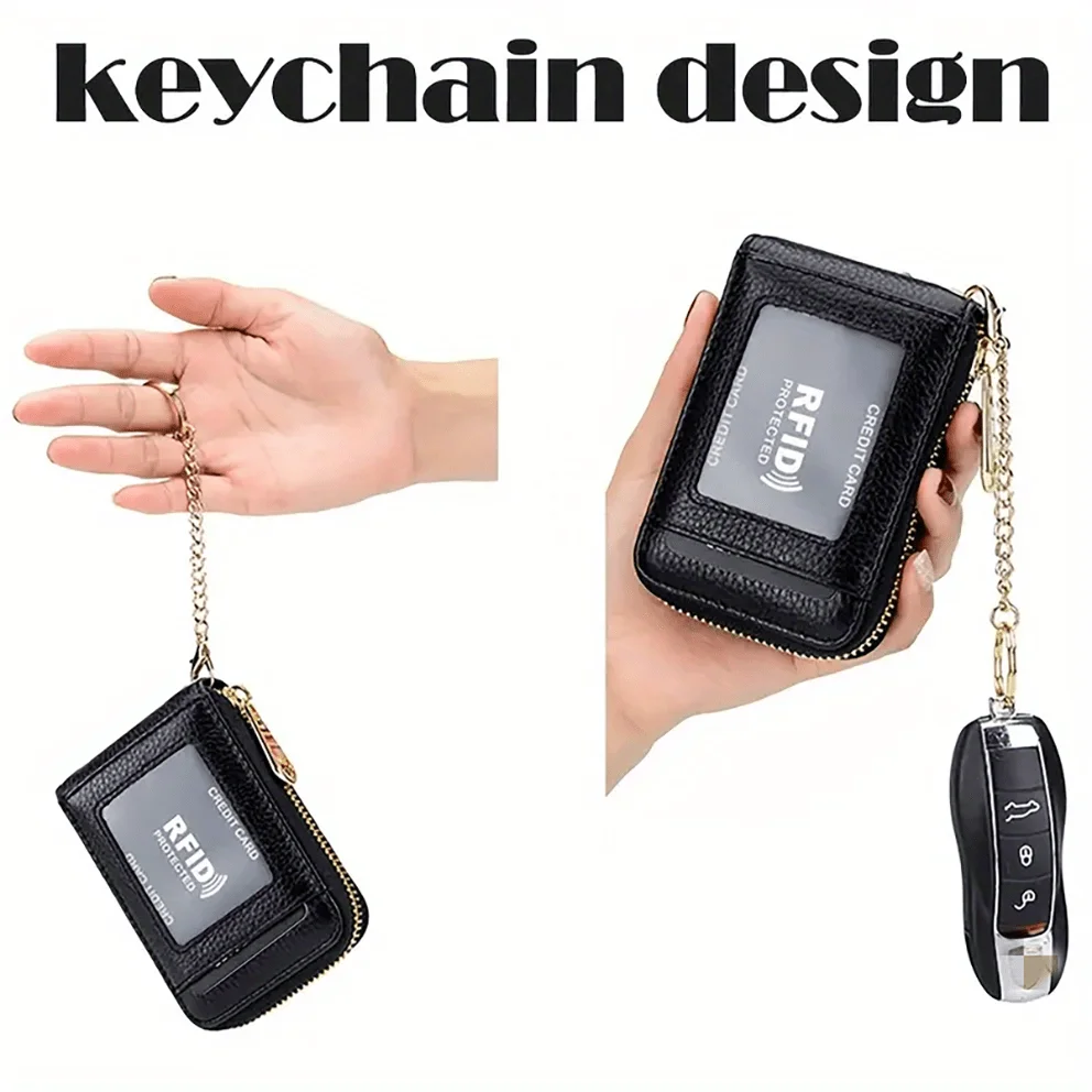 RFID Credit Card Holder, Small Leather Zipper Card Case Wallet with Removable Keychain ID Window