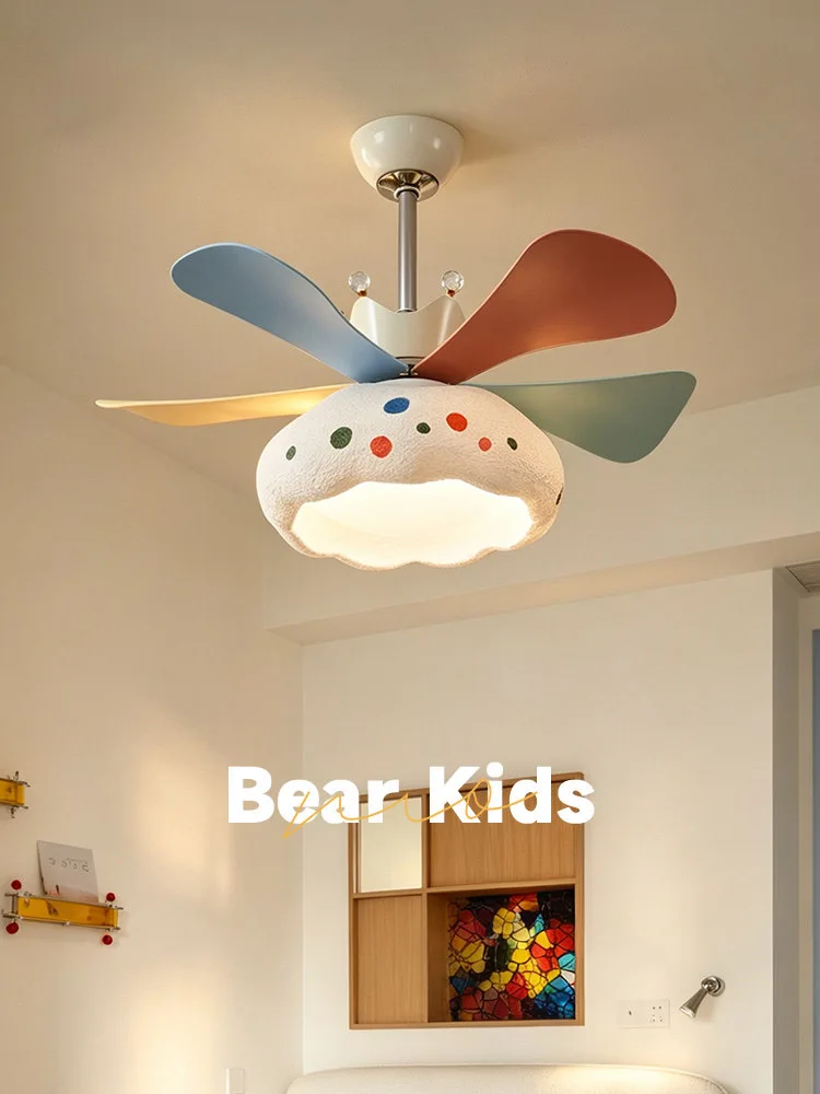 French Cream Cloud Ceiling Fan Light Kids Bedroom Dimmable LED Remote Control Macaron Eye-Care Cartoon Ceiling Fans with Lights