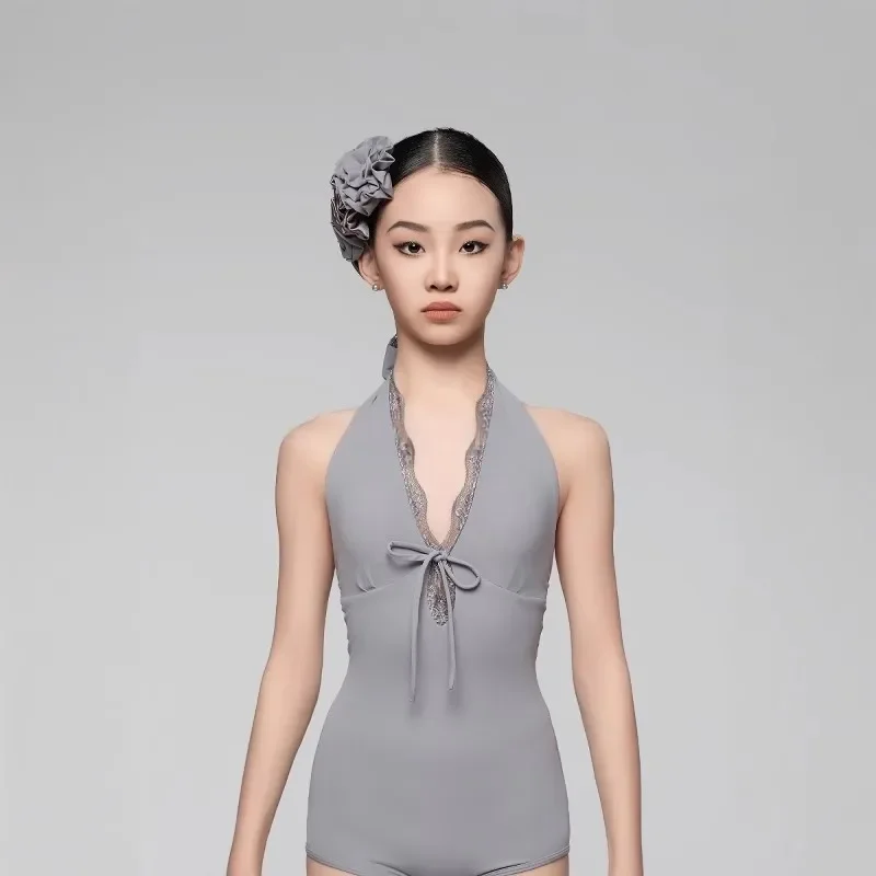 เด็กชุดเต้นรําละตินชุดสําหรับหญิงแขนกุดลูกไม้กระโปรง Cha-cha Samba เต้นรําบอลรูมการฝึกอบรมชุดเสื้อผ้า