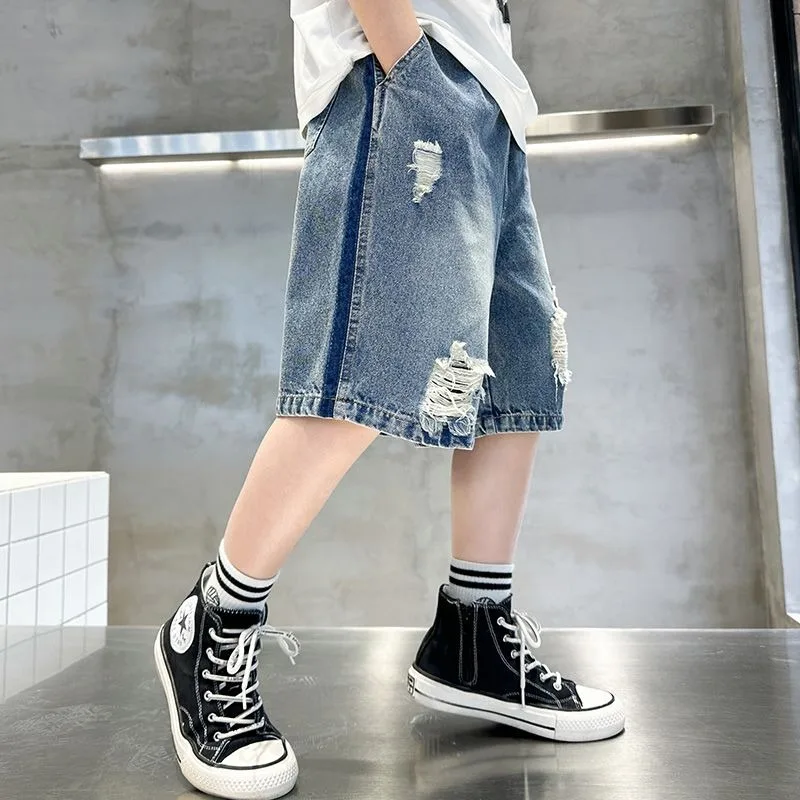 Summer Trendy Boys' Distressed Denim Shorts Korean Style Loose Fit 5 Inch Mid Length Shorts for Big Kids Stylish Comfortable
