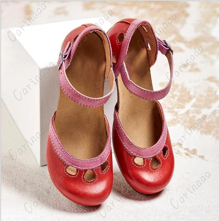 Zapatos de tacón medio para mujer, sandalias informales ahuecadas, elegantes, Retro, de tobillo, bloque de Color, con correas de hebilla, de verano