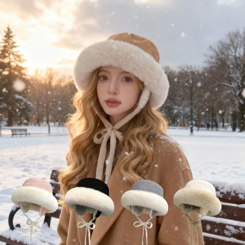 1 Stück warme Winter-Fleece-Eimerhüte für Damen, Cloche-Mütze aus Kunstfell mit gerollter Krempe und Fleece-Futter, geeignet für Outdoor-Aktivitäten
