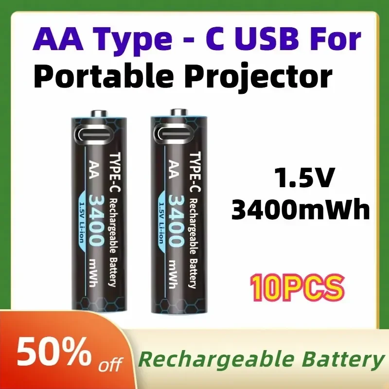 10Pcs High Capacity 3400mWh 1.5V Constant Voltage AA Type-C USB Lithium-Ion Rechargeable Batteries for Portable Projector